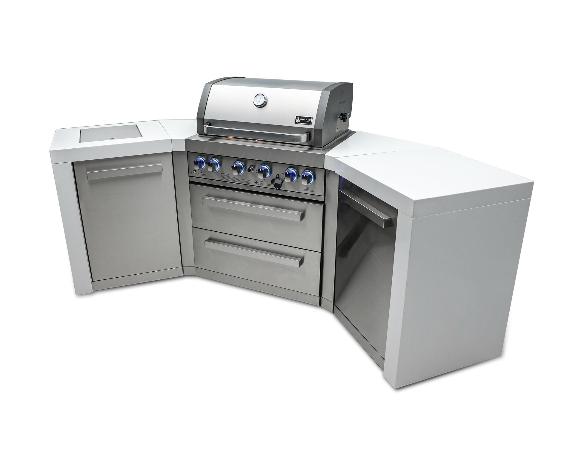 Mont Alpi Islands Mont Alpi 400 Deluxe Island with Two 45 Degree Corners / 4-Burner Grill, 2 Infrared Burners, Stainless Steel, Cover / MAi400-D45
