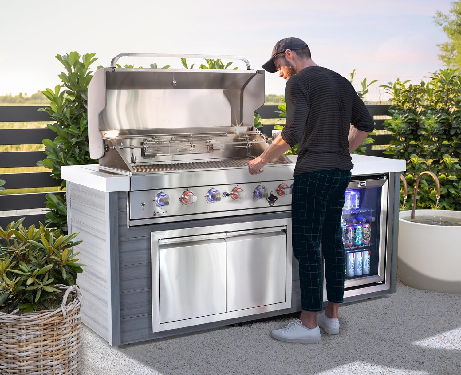 Mont Alpi Islands Mont Alpi 805 Artwood Island with Fridge Cabinet / 6-Burner Grill, Fridge, Infrared Rear Burner, Rotisserie, Stainless Steel / MA805-AW