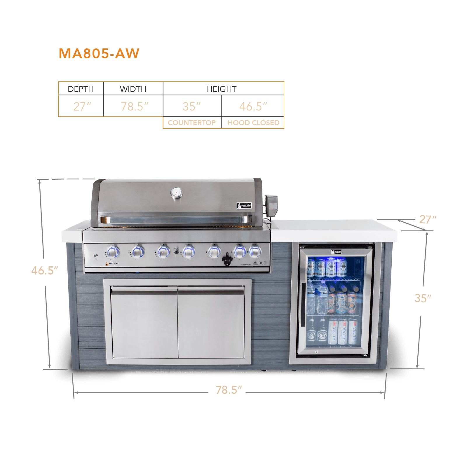 Mont Alpi Islands Mont Alpi 805 Artwood Island with Fridge Cabinet / 6-Burner Grill, Fridge, Infrared Rear Burner, Rotisserie, Stainless Steel / MA805-AW