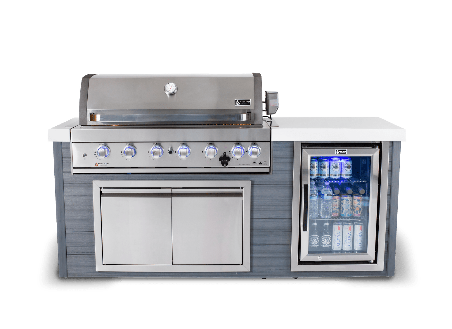 Mont Alpi Islands Mont Alpi 805 Artwood Island with Fridge Cabinet / 6-Burner Grill, Fridge, Infrared Rear Burner, Rotisserie, Stainless Steel / MA805-AW