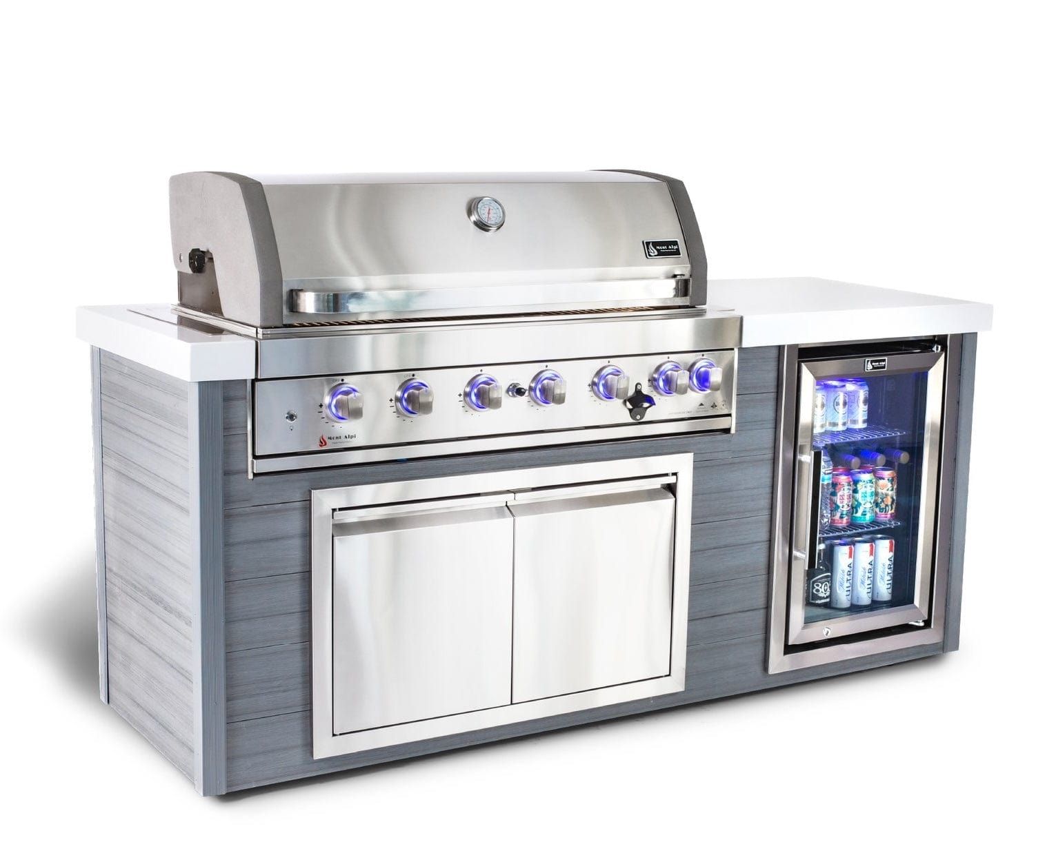 Mont Alpi Islands Mont Alpi 805 Artwood Island with Fridge Cabinet / 6-Burner Grill, Fridge, Infrared Rear Burner, Rotisserie, Stainless Steel / MA805-AW
