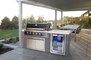 Mont Alpi Islands Mont Alpi 805 Black Stainless Steel Artwood Island with Fridge Cabinet / 6-Burner Grill, Fridge, Infrared Rear Burner, Rotisserie, Cover / MA805-AWBSS