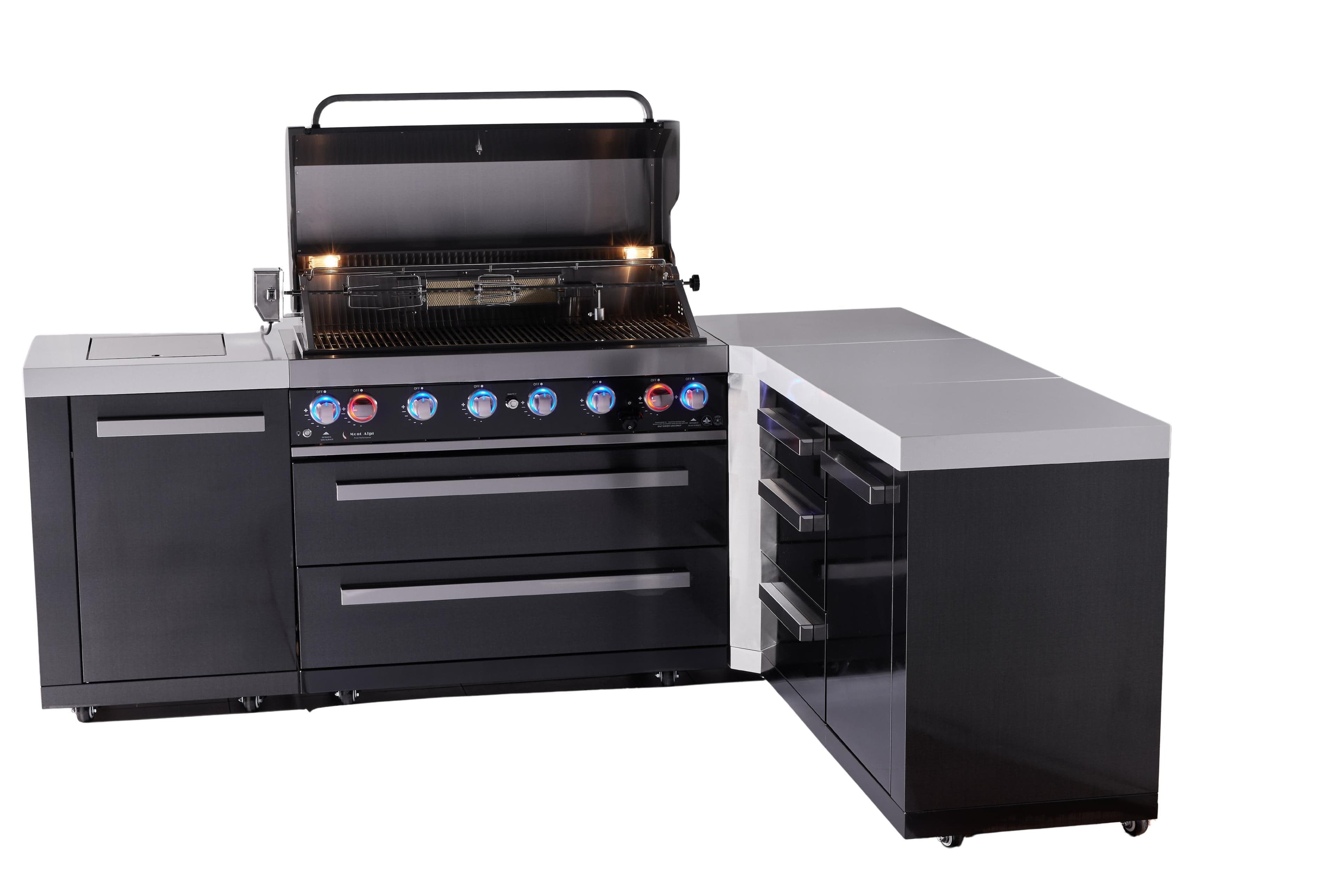Mont Alpi Islands Mont Alpi 805 Black Stainless Steel Island with 90 Degree Corner and Drawer Cabinet | 6-Burner Grill, 3 Drawers | MAi805-BSS90DR