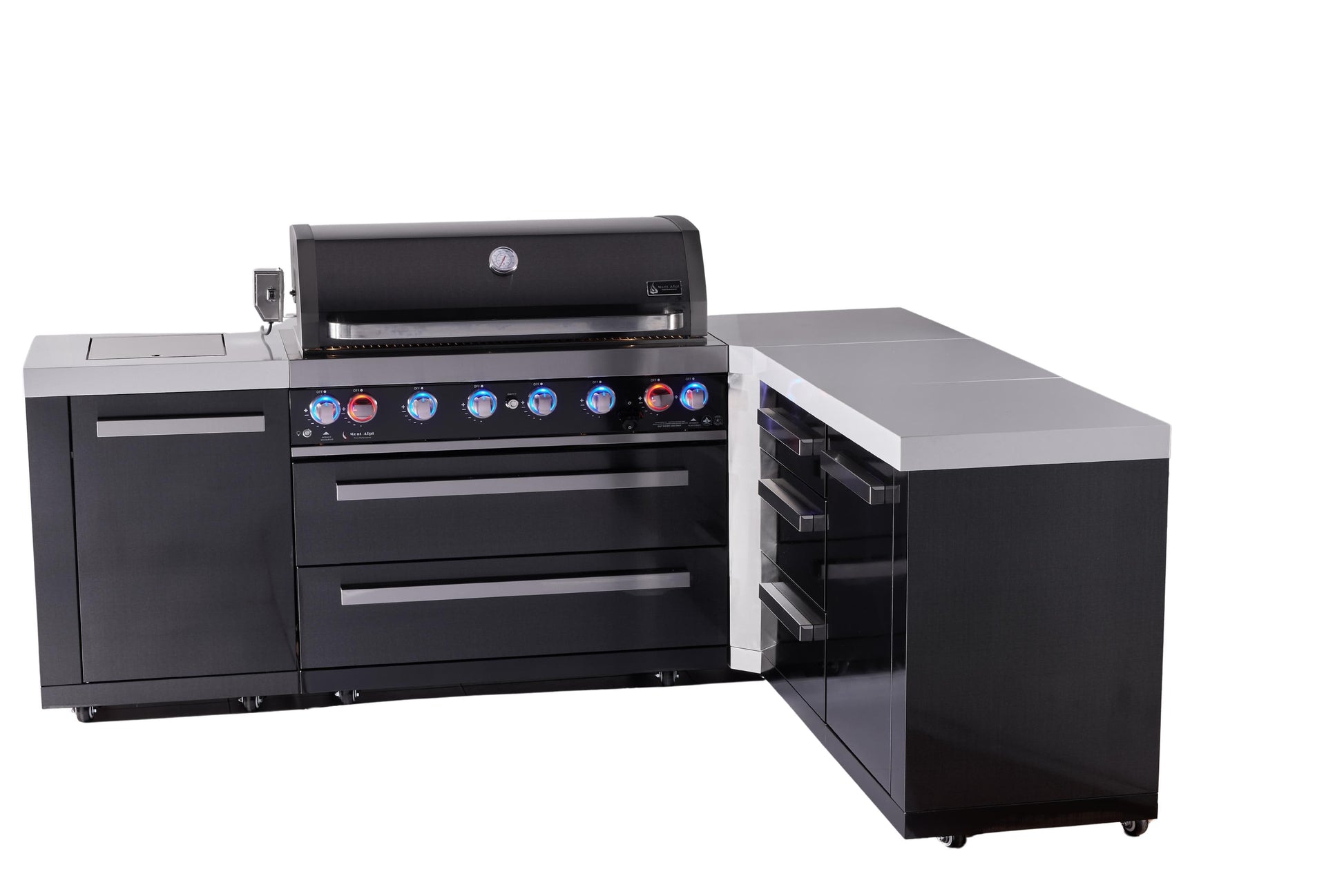 Mont Alpi Islands Mont Alpi 805 Black Stainless Steel Island with 90 Degree Corner and Drawer Cabinet | 6-Burner Grill, 3 Drawers | MAi805-BSS90DR