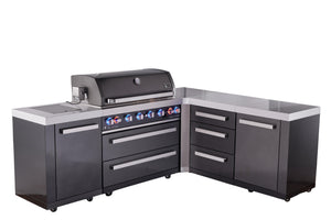 Mont Alpi Islands Mont Alpi 805 Black Stainless Steel Island with 90 Degree Corner and Drawer Cabinet | 6-Burner Grill, 3 Drawers | MAi805-BSS90DR