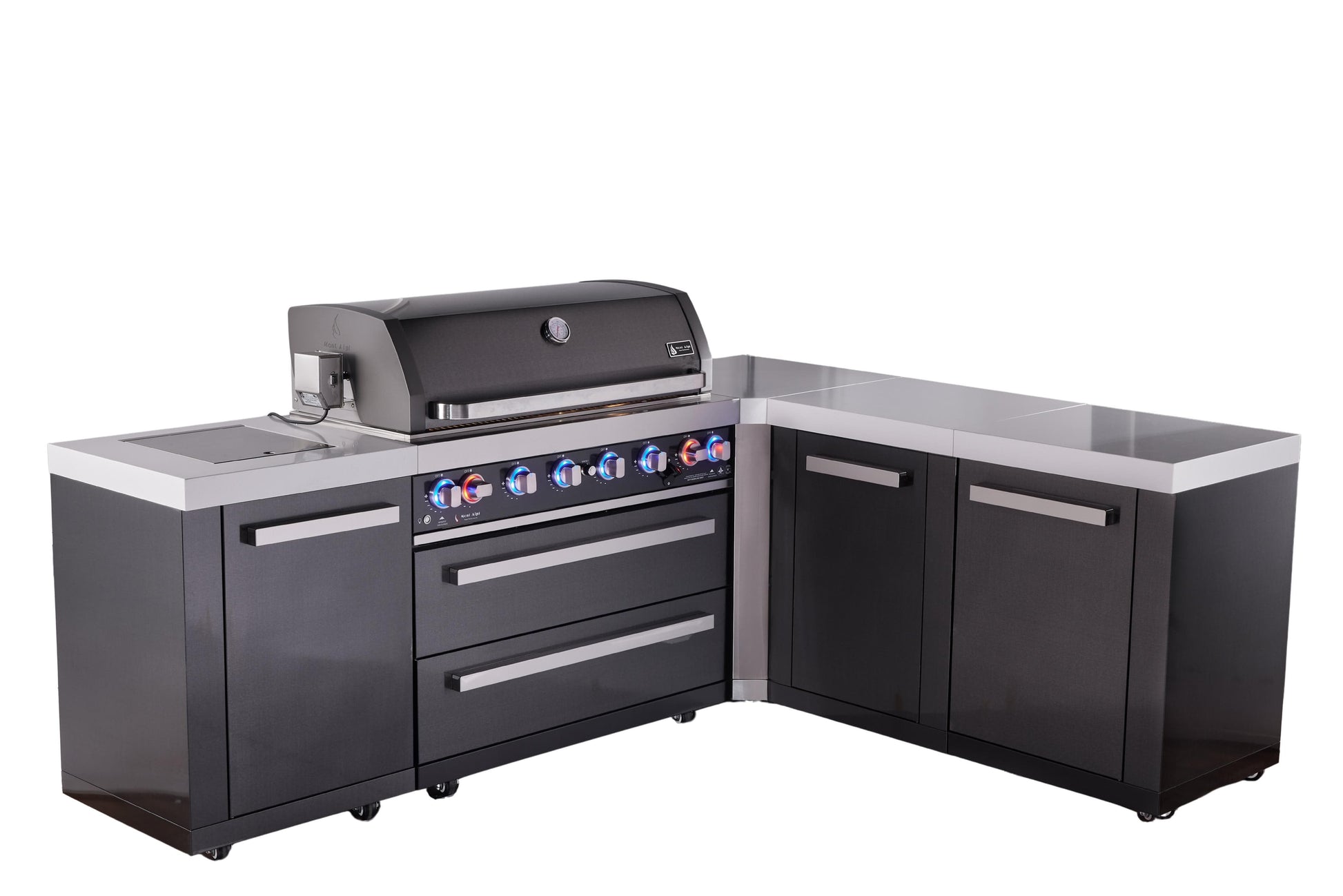 Mont Alpi Islands Mont Alpi 805 Black Stainless Steel Island with 90 Degree Corner and Extra Storage Cabinet | 6-Burner Grill | MAi805-BSS90XL