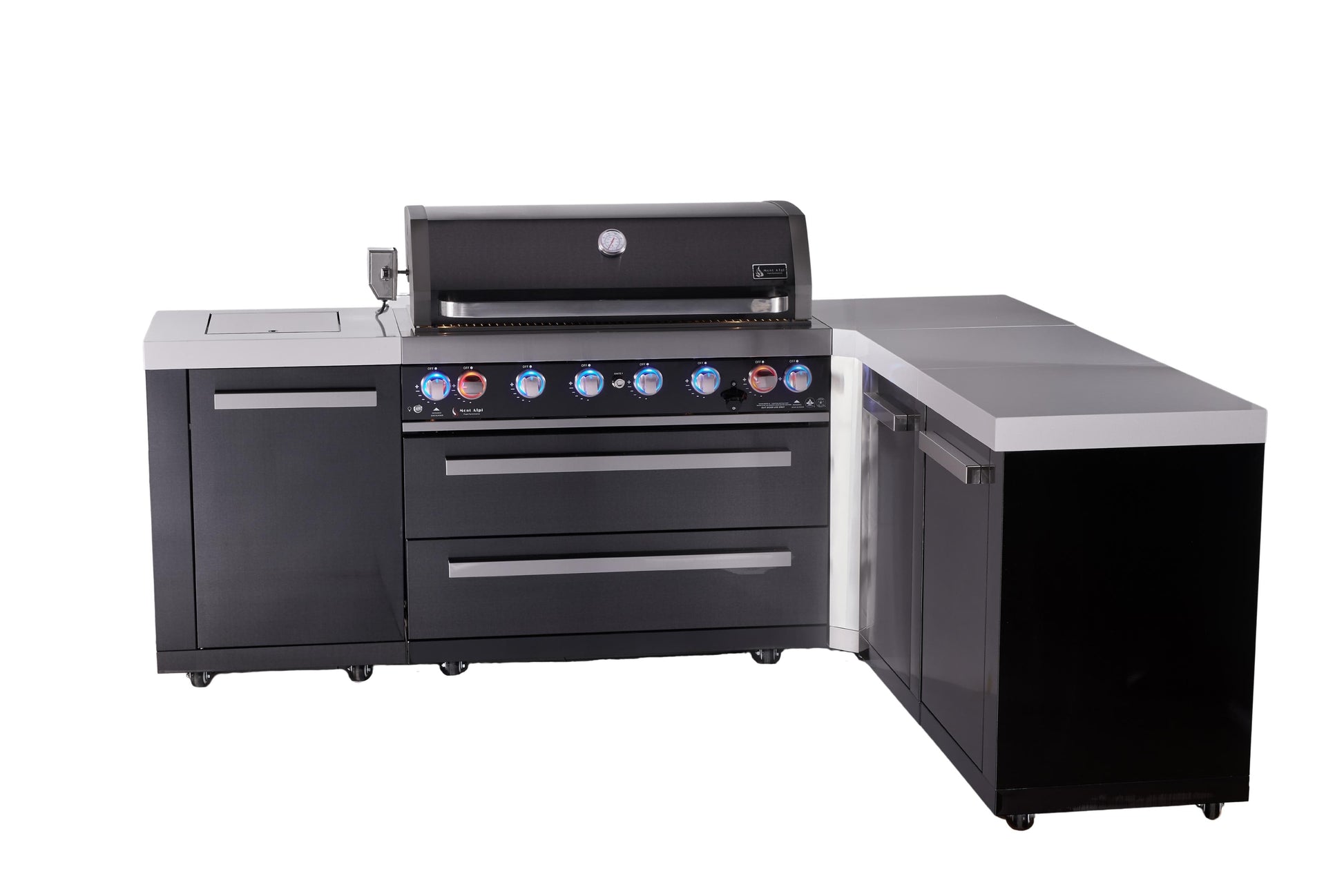 Mont Alpi Islands Mont Alpi 805 Black Stainless Steel Island with 90 Degree Corner and Extra Storage Cabinet | 6-Burner Grill | MAi805-BSS90XL