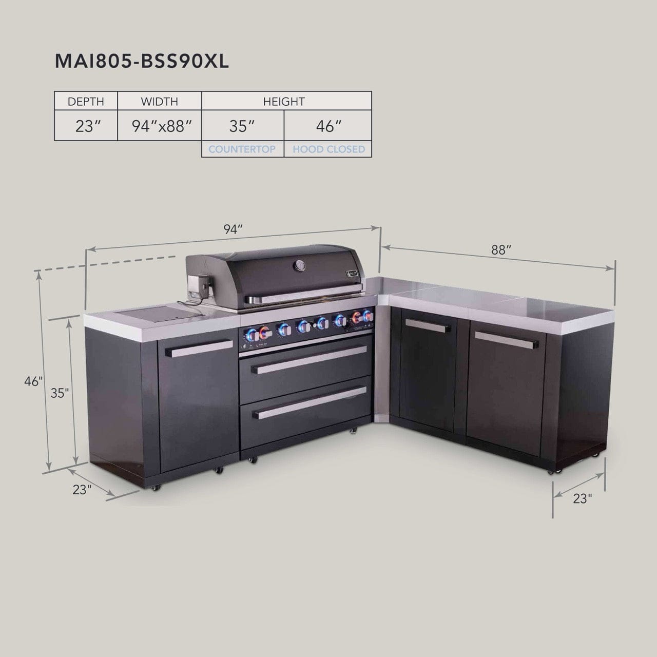 Mont Alpi Islands Mont Alpi 805 Black Stainless Steel Island with 90 Degree Corner and Extra Storage Cabinet | 6-Burner Grill | MAi805-BSS90XL