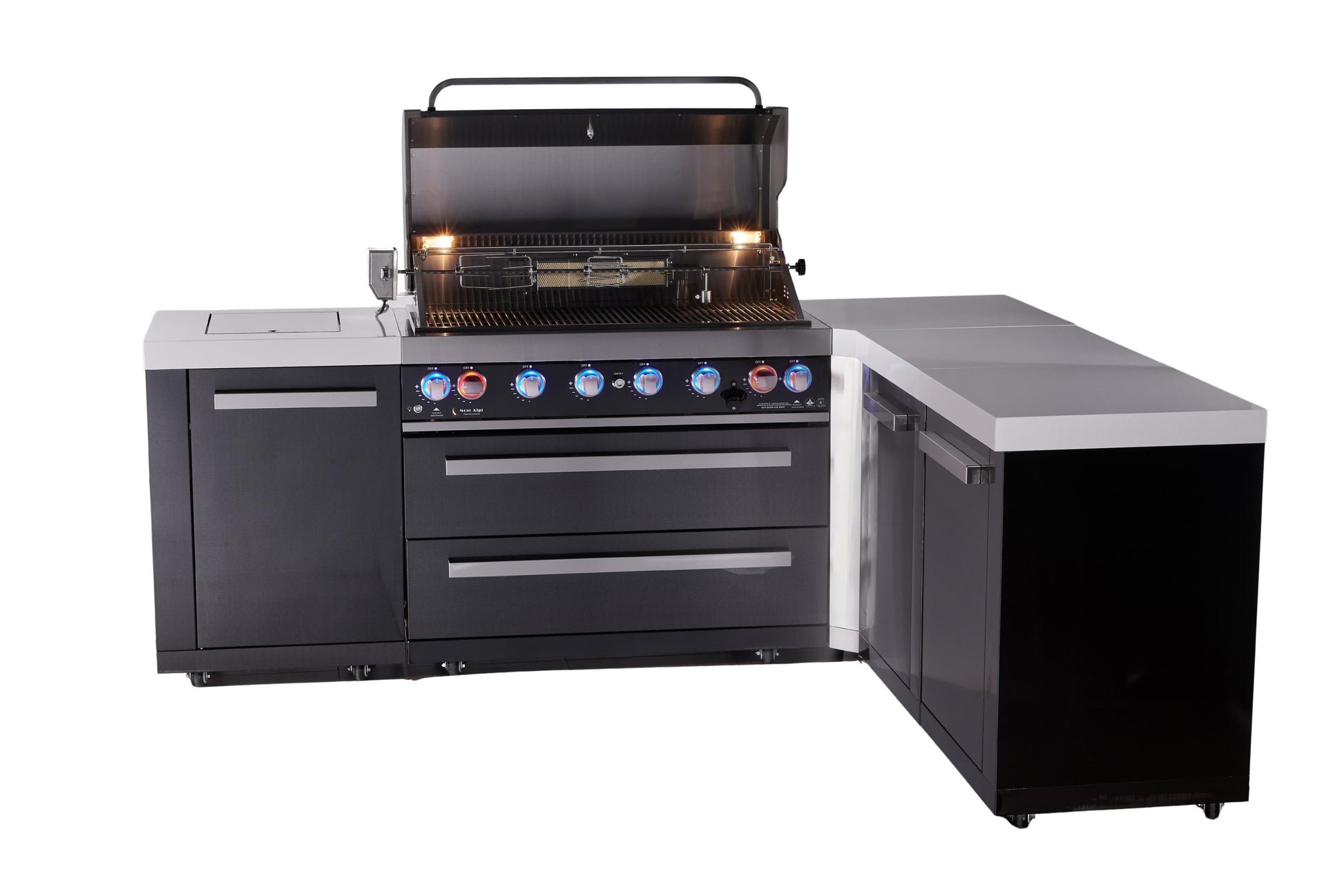 Mont Alpi Islands Mont Alpi 805 Black Stainless Steel Island with 90 Degree Corner and Extra Storage Cabinet | 6-Burner Grill | MAi805-BSS90XL