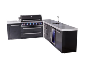 Mont Alpi Islands Mont Alpi 805 Black Stainless Steel Island with 90 Degree Corner, Beverage Center, and Drawer Cabinet | 6-Burner Grill, 3 Drawers, Sink, Fridge | MAi805-BSS90BEVDR