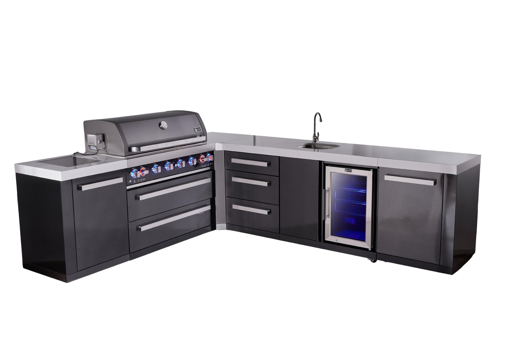 Mont Alpi Islands Mont Alpi 805 Black Stainless Steel Island with 90 Degree Corner, Beverage Center, and Drawer Cabinet | 6-Burner Grill, 3 Drawers, Sink, Fridge | MAi805-BSS90BEVDR
