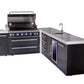 Mont Alpi Islands Mont Alpi 805 Black Stainless Steel Island with 90 Degree Corner, Beverage Center, and Drawer Cabinet | 6-Burner Grill, 3 Drawers, Sink, Fridge | MAi805-BSS90BEVDR