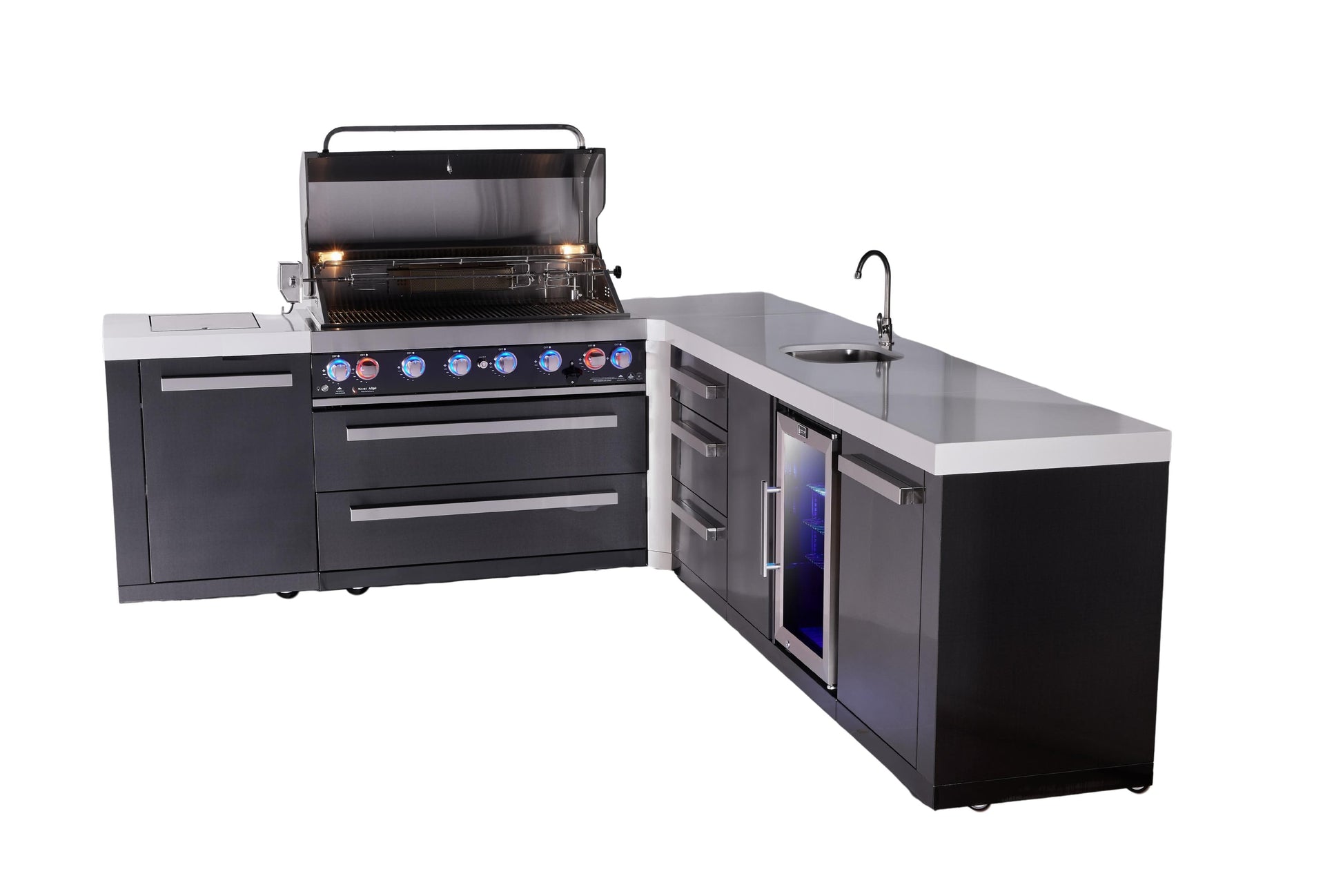 Mont Alpi Islands Mont Alpi 805 Black Stainless Steel Island with 90 Degree Corner, Beverage Center, and Drawer Cabinet | 6-Burner Grill, 3 Drawers, Sink, Fridge | MAi805-BSS90BEVDR