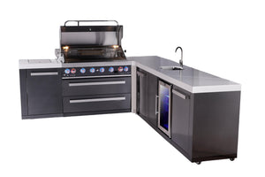 Mont Alpi Islands Mont Alpi 805 Black Stainless Steel Island with 90 Degree Corner, Beverage Center, and Extra Storage Cabinet | 6-Burner Grill, Sink, Fridge | MAi805-BSS90BEVXL