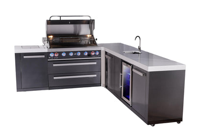 Mont Alpi Islands Mont Alpi 805 Black Stainless Steel Island with 90 Degree Corner, Beverage Center, and Extra Storage Cabinet | 6-Burner Grill, Sink, Fridge | MAi805-BSS90BEVXL