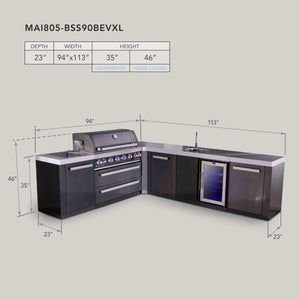 Mont Alpi Islands Mont Alpi 805 Black Stainless Steel Island with 90 Degree Corner, Beverage Center, and Extra Storage Cabinet | 6-Burner Grill, Sink, Fridge | MAi805-BSS90BEVXL
