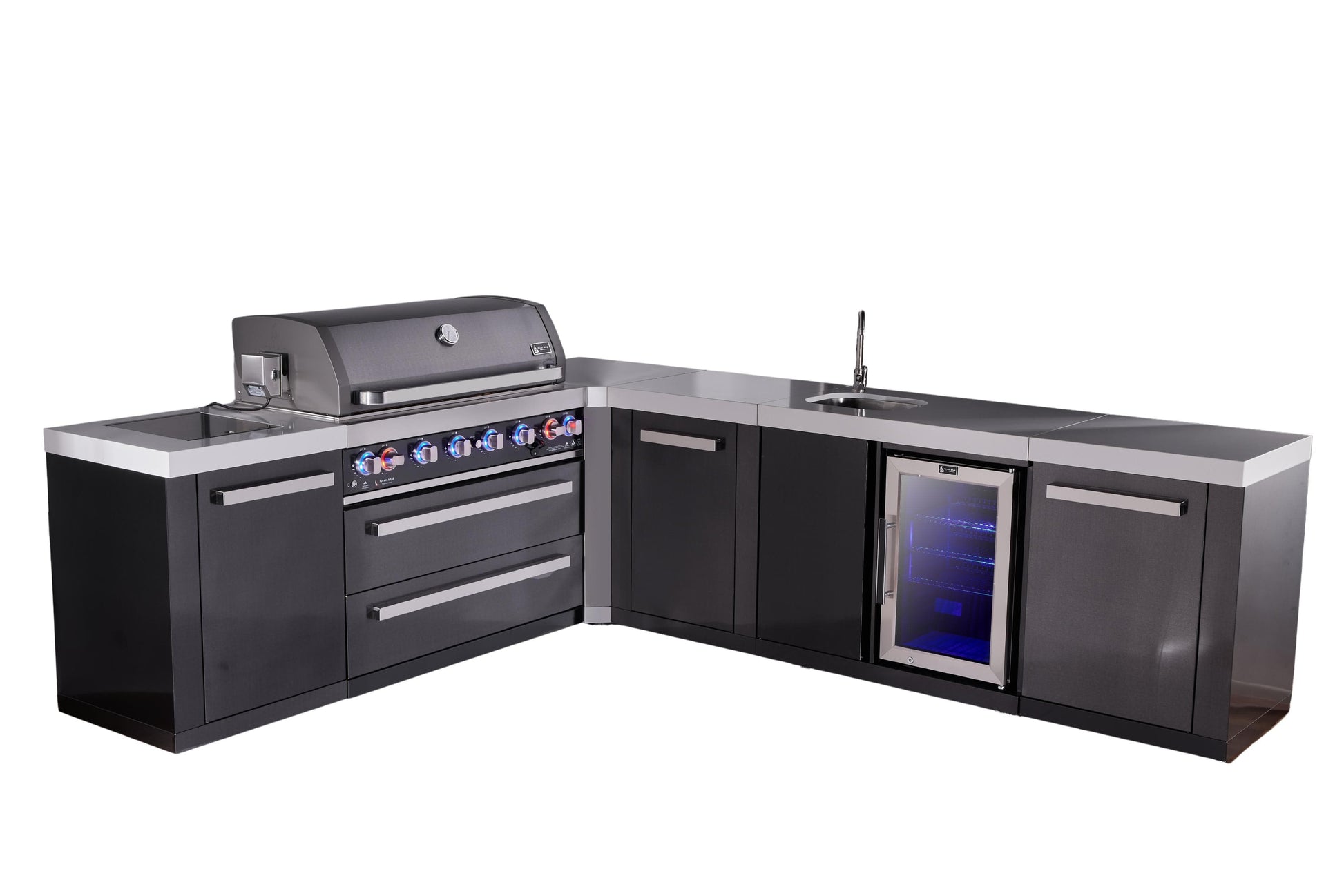 Mont Alpi Islands Mont Alpi 805 Black Stainless Steel Island with 90 Degree Corner, Beverage Center, and Extra Storage Cabinet | 6-Burner Grill, Sink, Fridge | MAi805-BSS90BEVXL