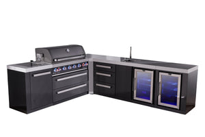 Mont Alpi Islands Mont Alpi 805 Black Stainless Steel Island with 90 Degree Corner, Beverage Center, Fridge Cabinet, and Drawer Cabinet | 6-Burner Grill, 3 Drawers, Sink, 2 Fridges | MAi805-BSS90BEVFCDR