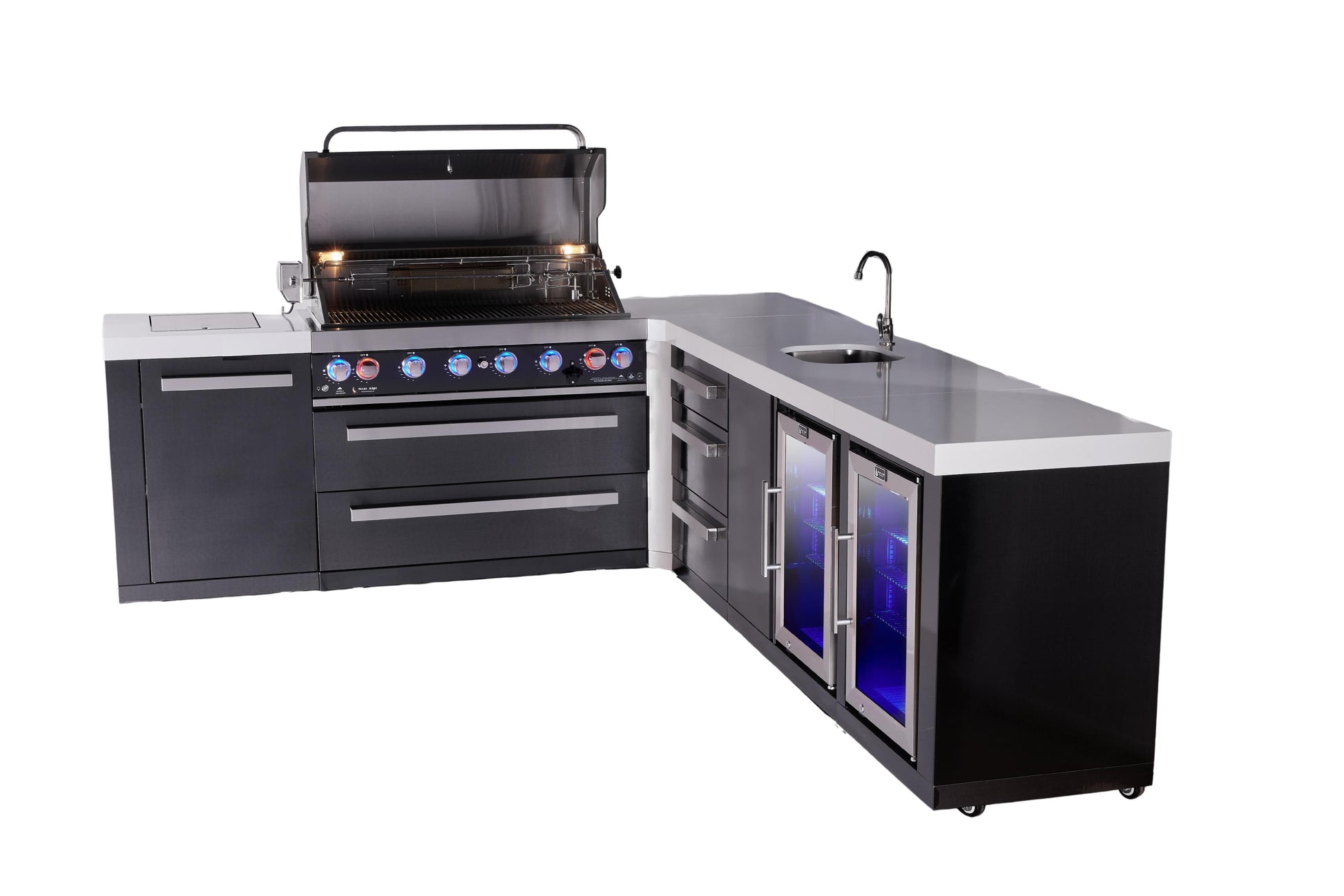 Mont Alpi Islands Mont Alpi 805 Black Stainless Steel Island with 90 Degree Corner, Beverage Center, Fridge Cabinet, and Drawer Cabinet | 6-Burner Grill, 3 Drawers, Sink, 2 Fridges | MAi805-BSS90BEVFCDR