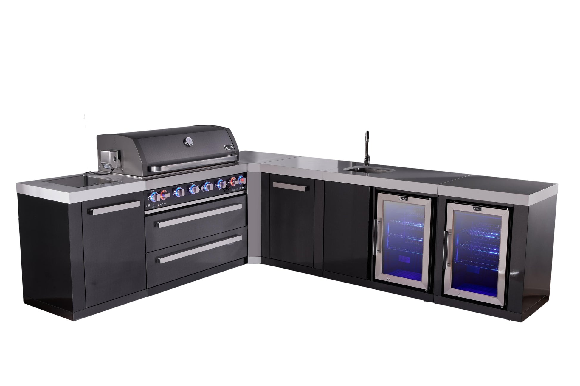 Mont Alpi Islands Mont Alpi 805 Black Stainless Steel Island with 90 Degree Corner, Beverage Center, Fridge Cabinet, and Extra Storage Cabinet | 6-Burner Grill, Sink, 2 Fridges | MAi805-BSS90BEVFCXL