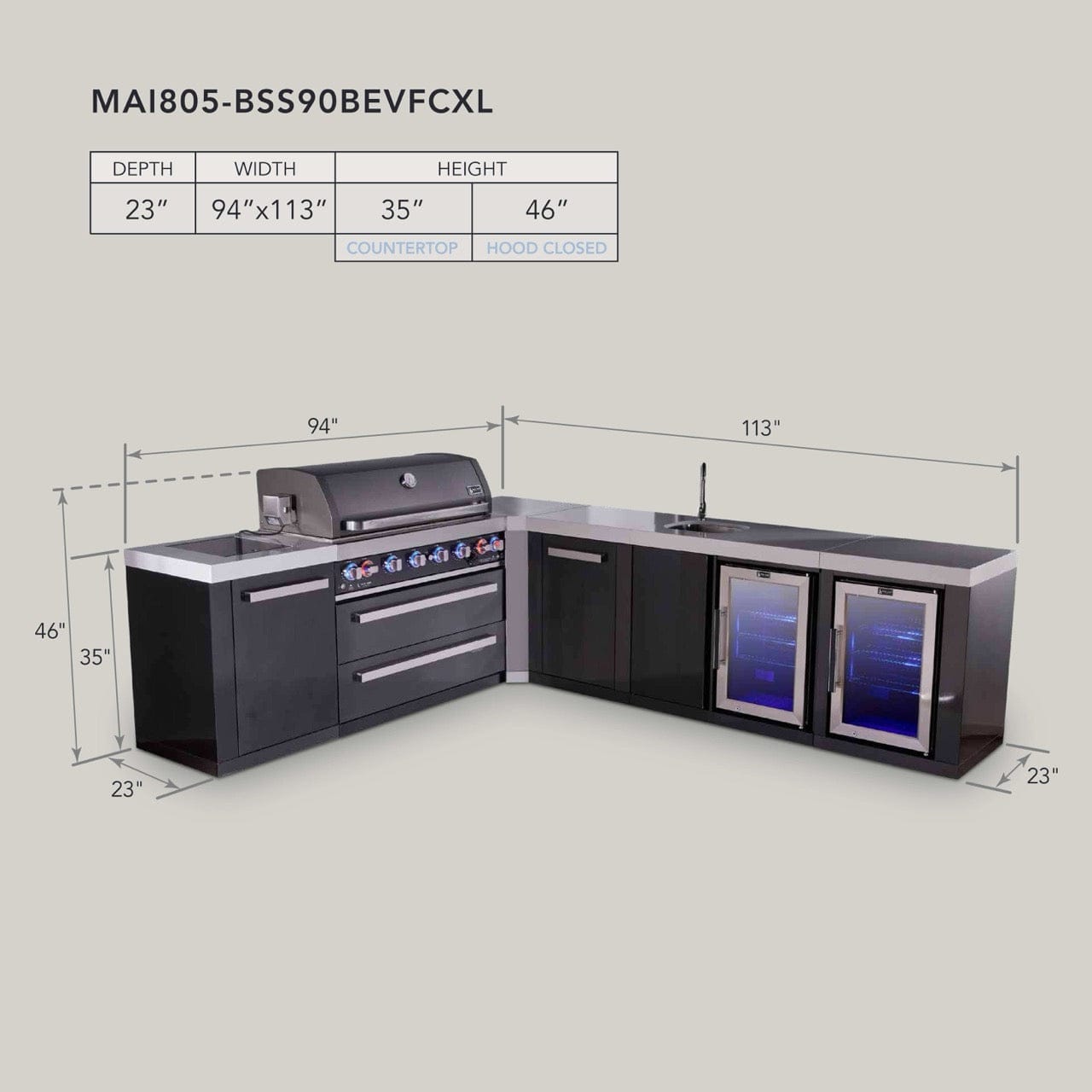 Mont Alpi Islands Mont Alpi 805 Black Stainless Steel Island with 90 Degree Corner, Beverage Center, Fridge Cabinet, and Extra Storage Cabinet | 6-Burner Grill, Sink, 2 Fridges | MAi805-BSS90BEVFCXL