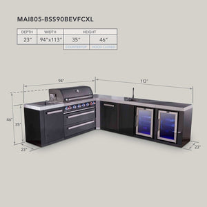 Mont Alpi Islands Mont Alpi 805 Black Stainless Steel Island with 90 Degree Corner, Beverage Center, Fridge Cabinet, and Extra Storage Cabinet | 6-Burner Grill, Sink, 2 Fridges | MAi805-BSS90BEVFCXL