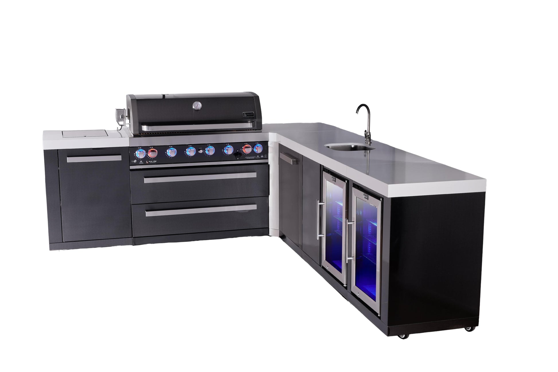 Mont Alpi Islands Mont Alpi 805 Black Stainless Steel Island with 90 Degree Corner, Beverage Center, Fridge Cabinet, and Extra Storage Cabinet | 6-Burner Grill, Sink, 2 Fridges | MAi805-BSS90BEVFCXL