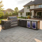 Mont Alpi outdoor kitchen with black stainless steel grill, side burners, storage, mini fridges on a modern patio.