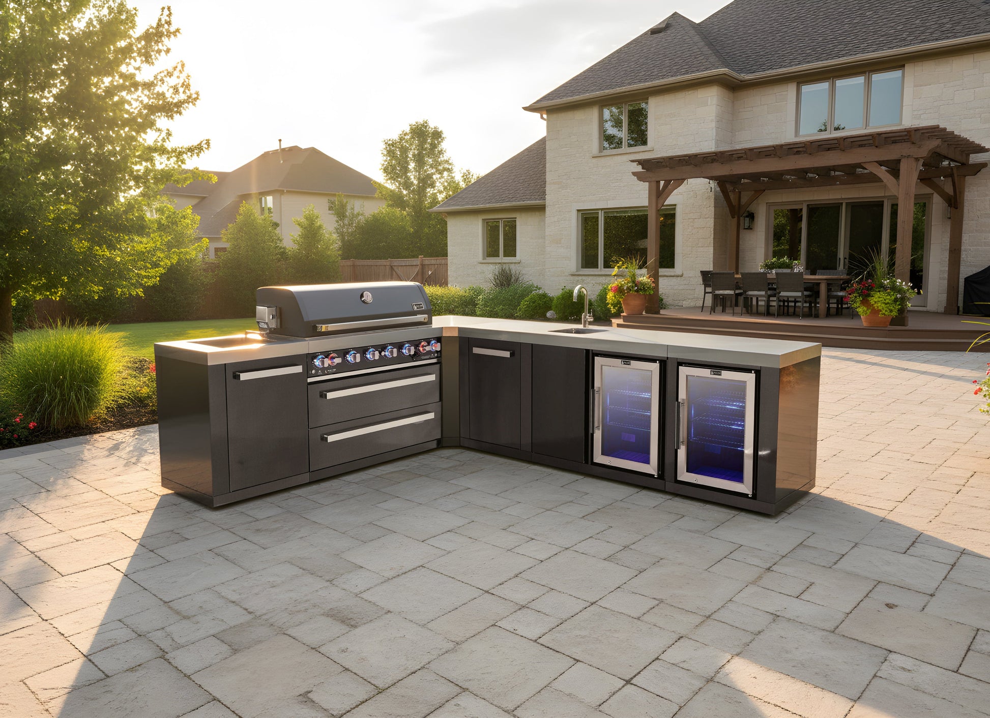 Mont Alpi outdoor kitchen with black stainless steel grill, side burners, storage, mini fridges on a modern patio.
