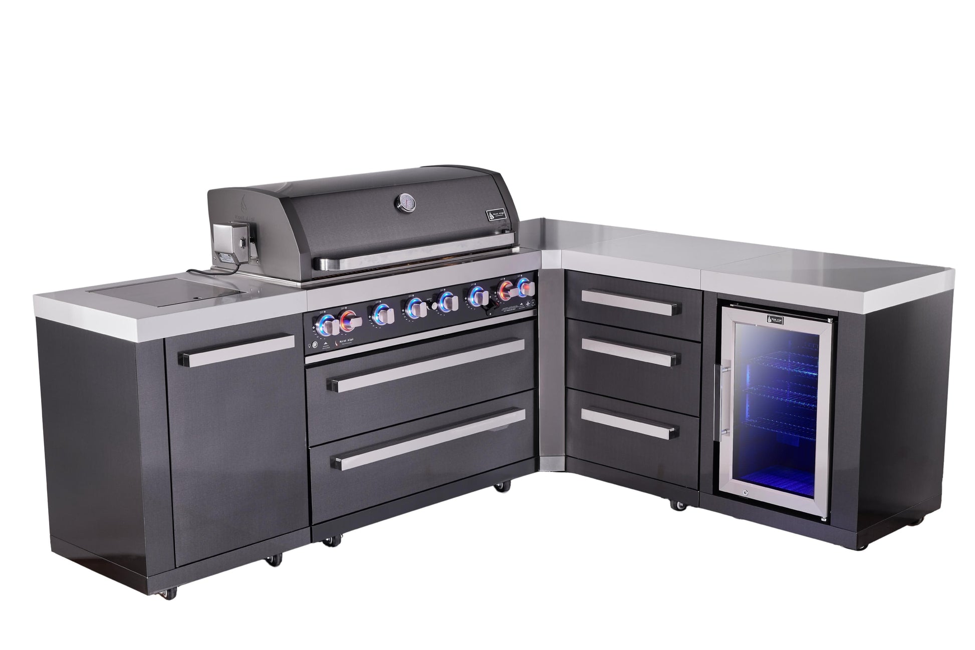 Mont Alpi Islands Mont Alpi 805 Black Stainless Steel Island with 90 Degree Corner, Fridge Cabinet, and Drawer Cabinet | 6-Burner Grill, 3 Drawers, Fridge | MAi805-BSS90FCDR