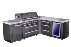 Mont Alpi Islands Mont Alpi 805 Black Stainless Steel Island with 90 Degree Corner, Fridge Cabinet, and Drawer Cabinet | 6-Burner Grill, 3 Drawers, Fridge | MAi805-BSS90FCDR