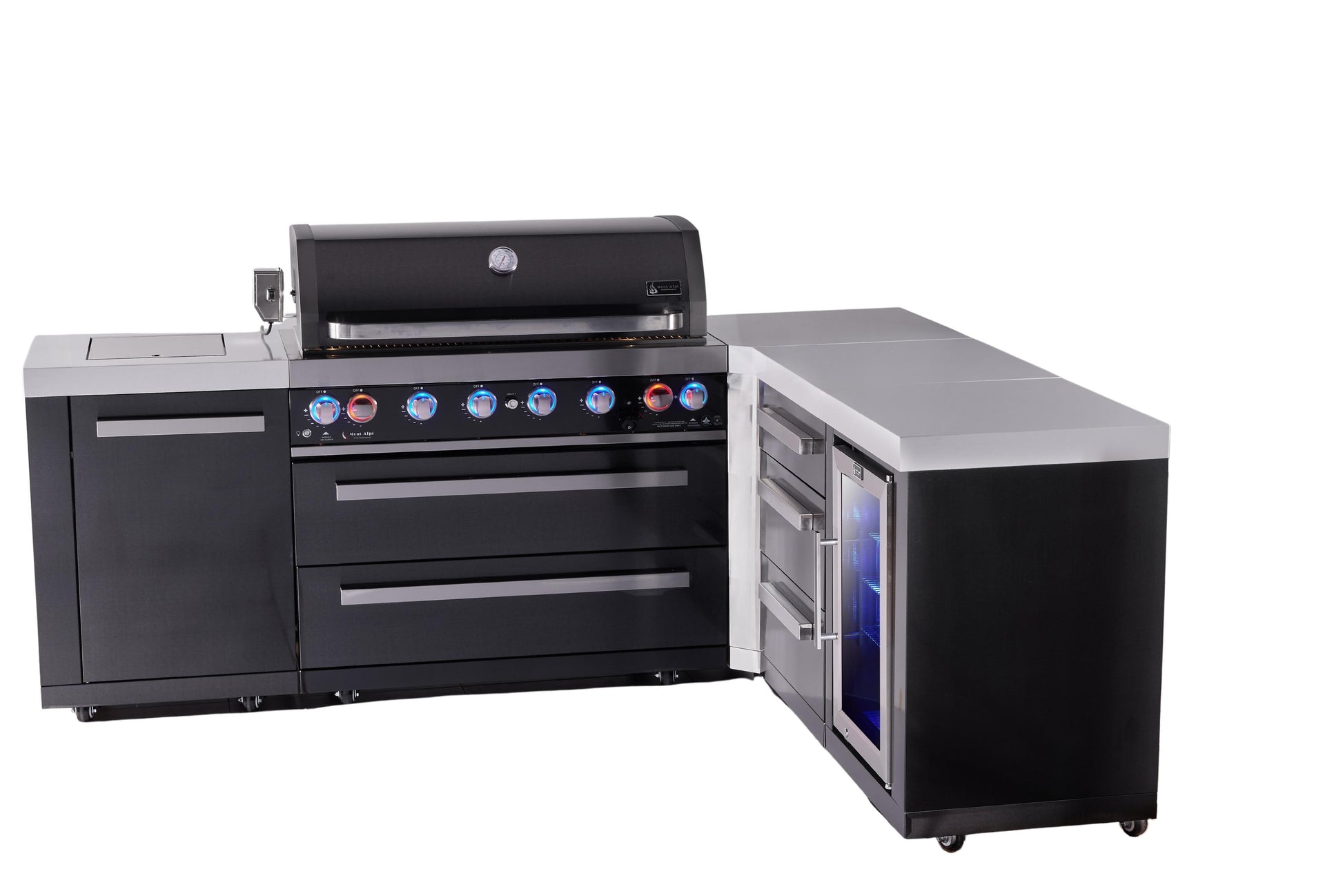 Mont Alpi Islands Mont Alpi 805 Black Stainless Steel Island with 90 Degree Corner, Fridge Cabinet, and Drawer Cabinet | 6-Burner Grill, 3 Drawers, Fridge | MAi805-BSS90FCDR