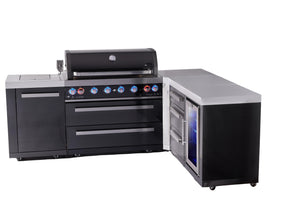 Mont Alpi Islands Mont Alpi 805 Black Stainless Steel Island with 90 Degree Corner, Fridge Cabinet, and Drawer Cabinet | 6-Burner Grill, 3 Drawers, Fridge | MAi805-BSS90FCDR