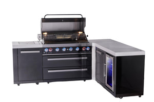 Mont Alpi Islands Mont Alpi 805 Black Stainless Steel Island with 90 Degree Corner, Fridge Cabinet, and Extra Storage Cabinet | 6-Burner Grill, Fridge | MAi805-BSS90FCXL