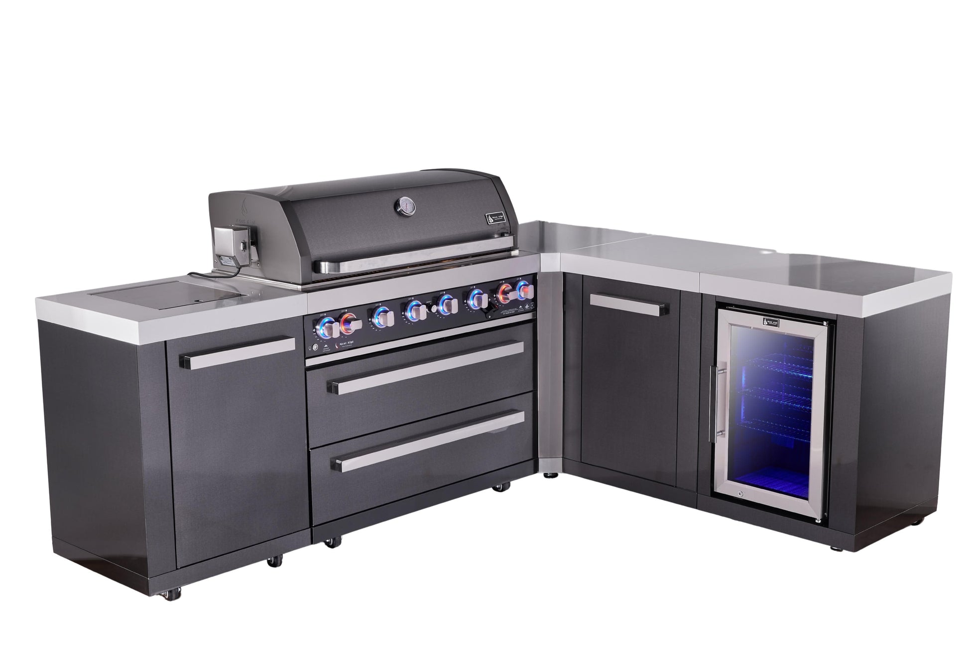 Mont Alpi Islands Mont Alpi 805 Black Stainless Steel Island with 90 Degree Corner, Fridge Cabinet, and Extra Storage Cabinet | 6-Burner Grill, Fridge | MAi805-BSS90FCXL