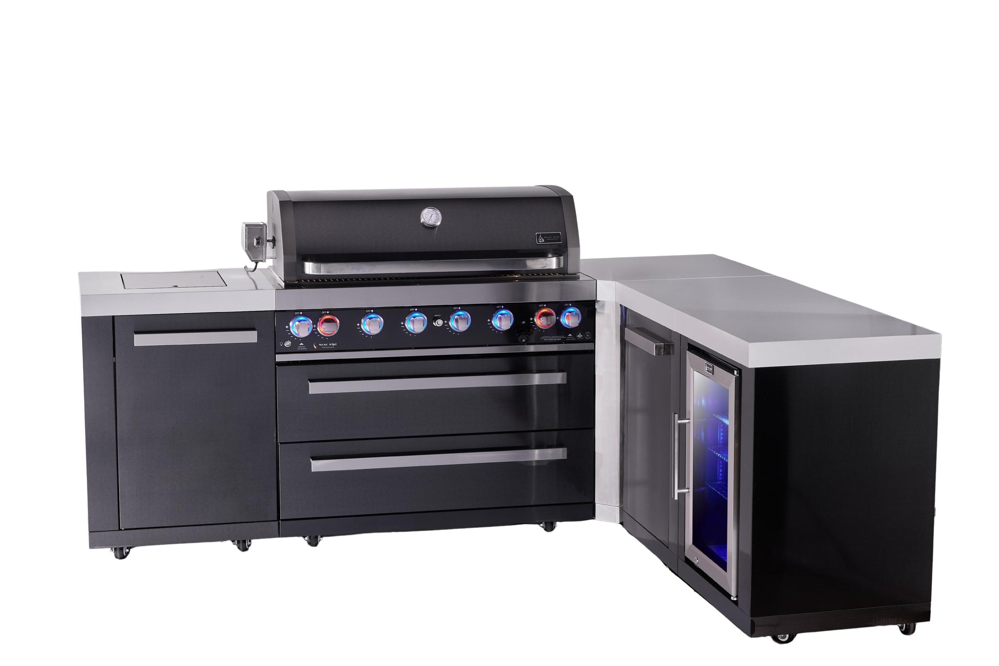 Mont Alpi Islands Mont Alpi 805 Black Stainless Steel Island with 90 Degree Corner, Fridge Cabinet, and Extra Storage Cabinet | 6-Burner Grill, Fridge | MAi805-BSS90FCXL