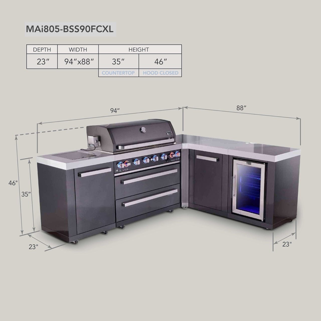 Mont Alpi Islands Mont Alpi 805 Black Stainless Steel Island with 90 Degree Corner, Fridge Cabinet, and Extra Storage Cabinet | 6-Burner Grill, Fridge | MAi805-BSS90FCXL
