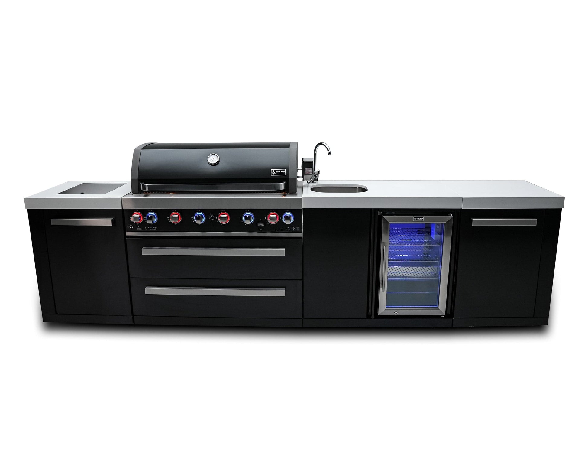 Mont Alpi Islands Mont Alpi 805 Black Stainless Steel Island with Beverage Center / 6-Burner Grill, 2 Infrared Burners, Sink, Fridge / MAi805-BSSBEV