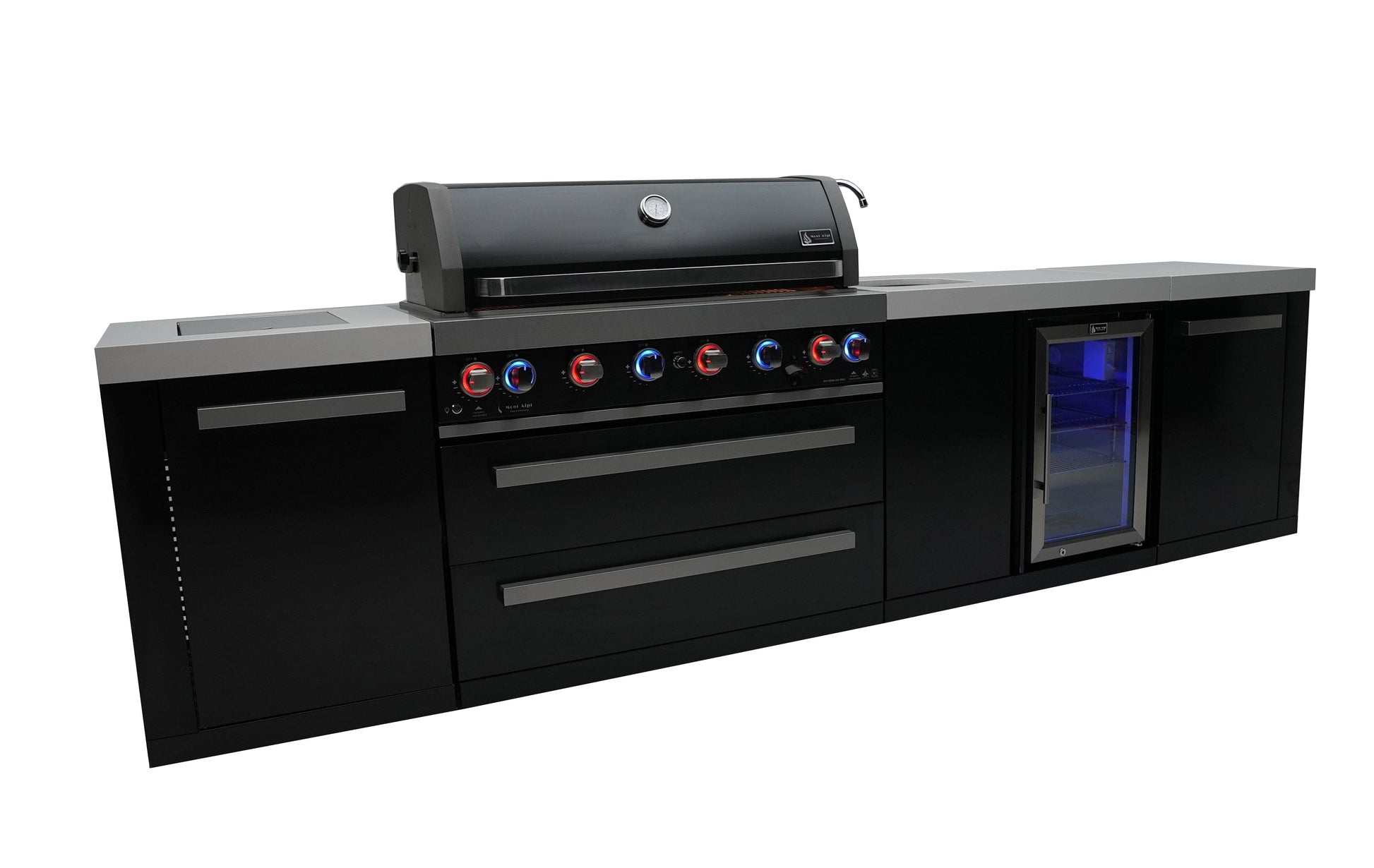 Mont Alpi Islands Mont Alpi 805 Black Stainless Steel Island with Beverage Center / 6-Burner Grill, 2 Infrared Burners, Sink, Fridge / MAi805-BSSBEV