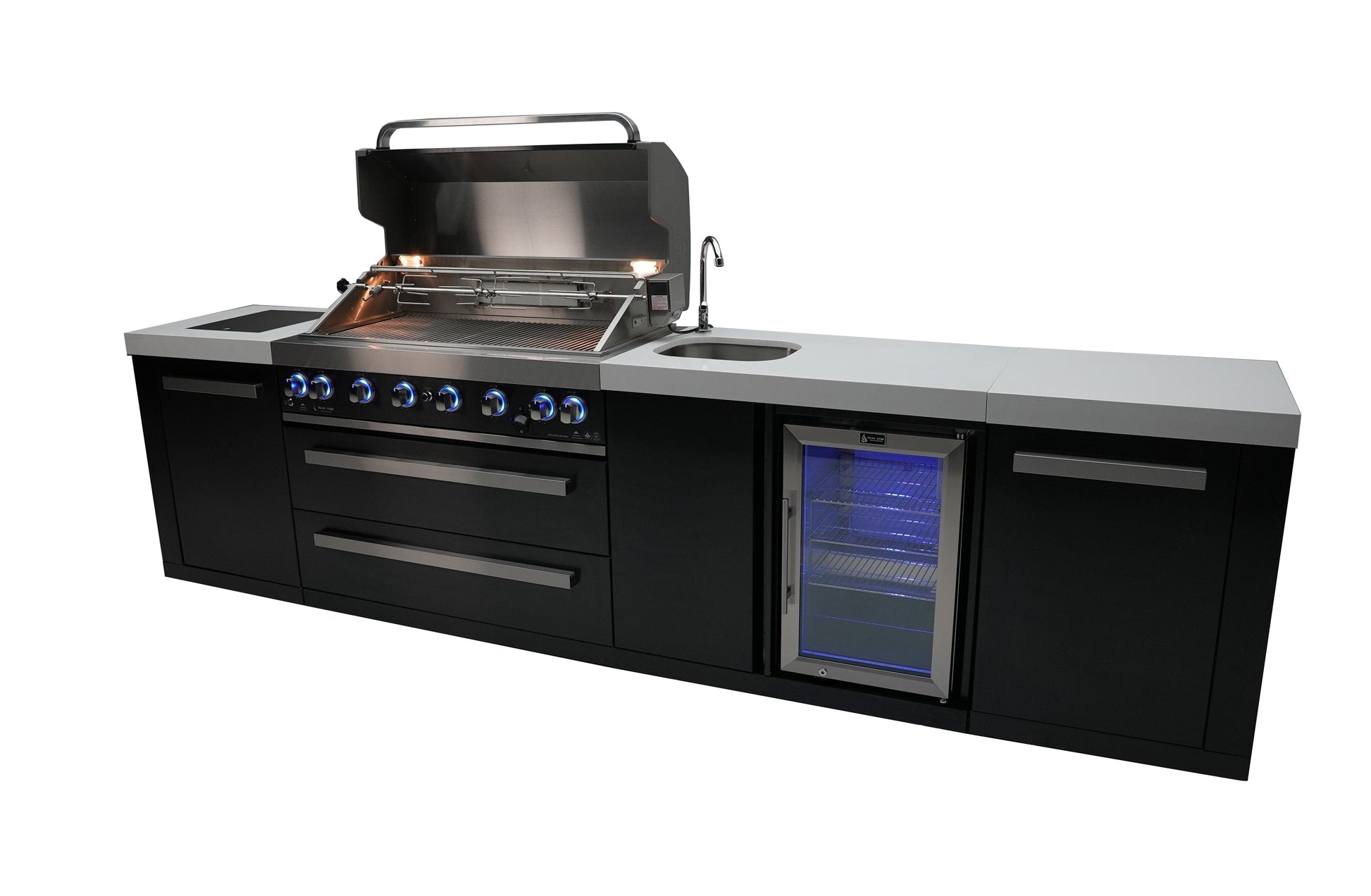 Mont Alpi Islands Mont Alpi 805 Black Stainless Steel Island with Beverage Center / 6-Burner Grill, 2 Infrared Burners, Sink, Fridge / MAi805-BSSBEV