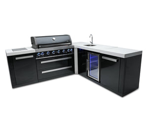 Mont Alpi Islands Mont Alpi 805 Black Stainless Steel Island with Beverage Center and 90 Degree Corner / 6-Burner Grill, 2 Infrared Burners, Sink, Fridge / MAi805-BSSBEV90C