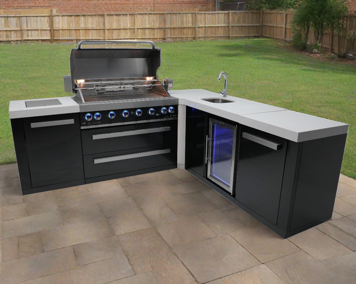 Mont Alpi Islands Mont Alpi 805 Black Stainless Steel Island with Beverage Center and 90 Degree Corner -MAi805-BSSBEV90C will look great in your backyard