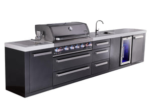 Mont Alpi Islands Mont Alpi 805 Black Stainless Steel Island with Beverage Center and Drawer Cabinet | 6-Burner Grill, 3 Drawers, Sink, Fridge | MAi805-BSSBEVDR