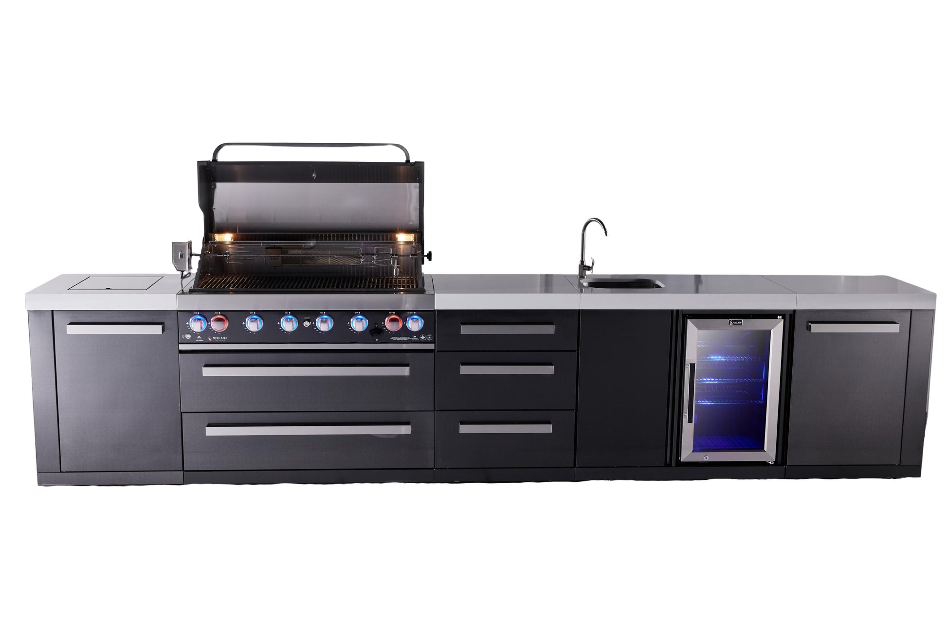 Mont Alpi Islands Mont Alpi 805 Black Stainless Steel Island with Beverage Center and Drawer Cabinet | 6-Burner Grill, 3 Drawers, Sink, Fridge | MAi805-BSSBEVDR