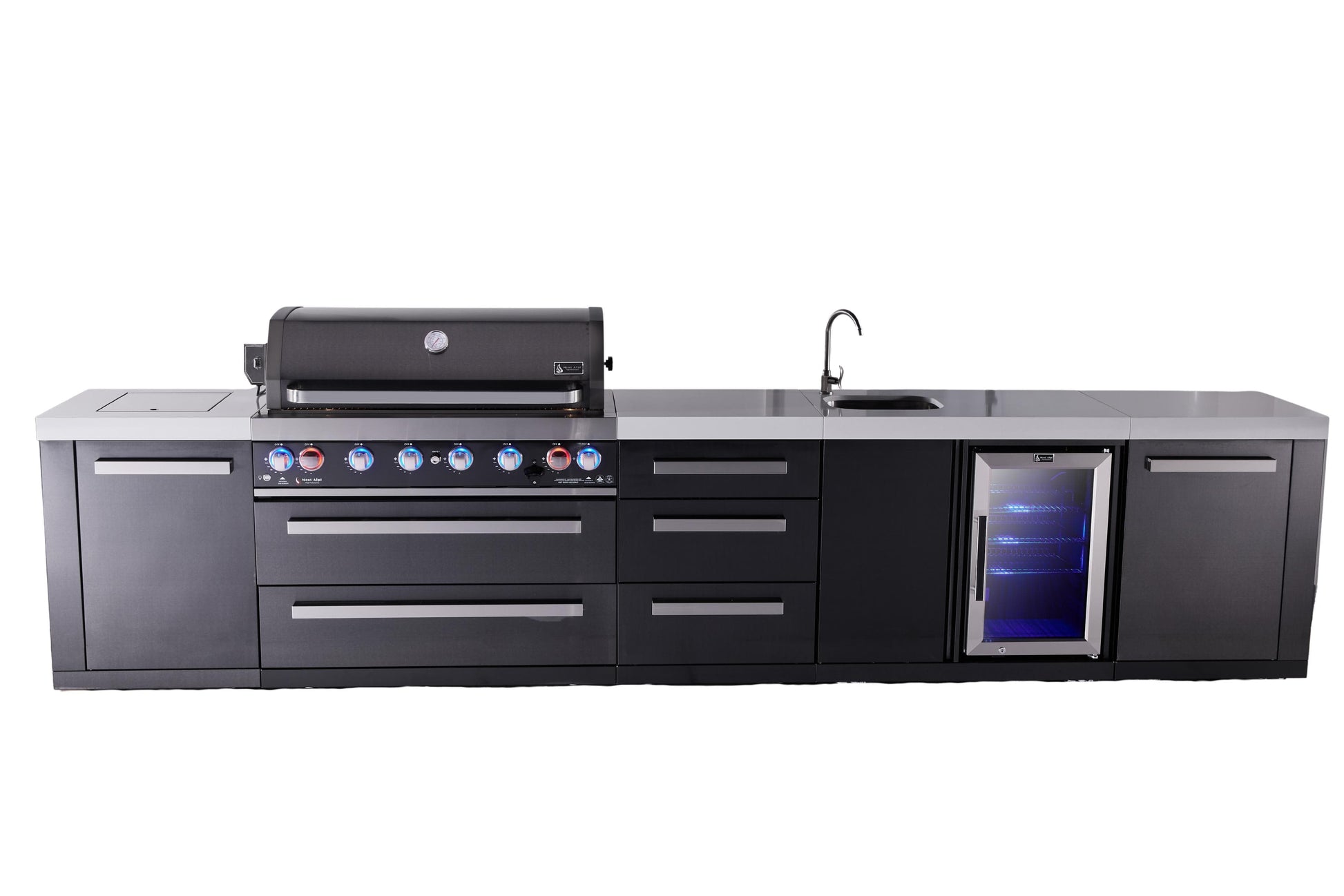 Mont Alpi Islands Mont Alpi 805 Black Stainless Steel Island with Beverage Center and Drawer Cabinet | 6-Burner Grill, 3 Drawers, Sink, Fridge | MAi805-BSSBEVDR