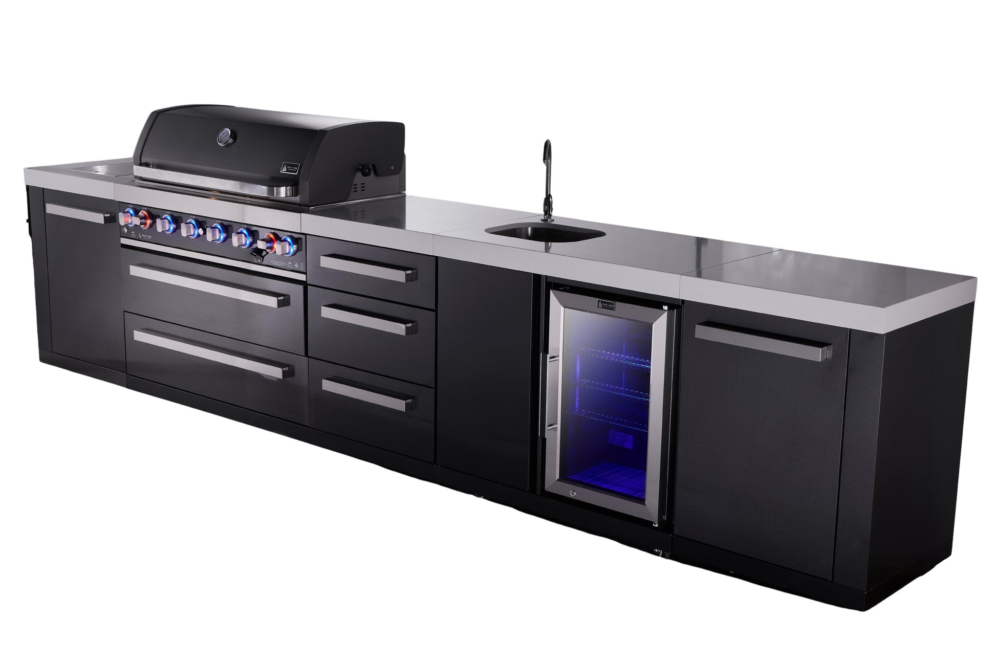 Mont Alpi Islands Mont Alpi 805 Black Stainless Steel Island with Beverage Center and Drawer Cabinet | 6-Burner Grill, 3 Drawers, Sink, Fridge | MAi805-BSSBEVDR
