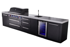 Mont Alpi Islands Mont Alpi 805 Black Stainless Steel Island with Beverage Center and Drawer Cabinet | 6-Burner Grill, 3 Drawers, Sink, Fridge | MAi805-BSSBEVDR