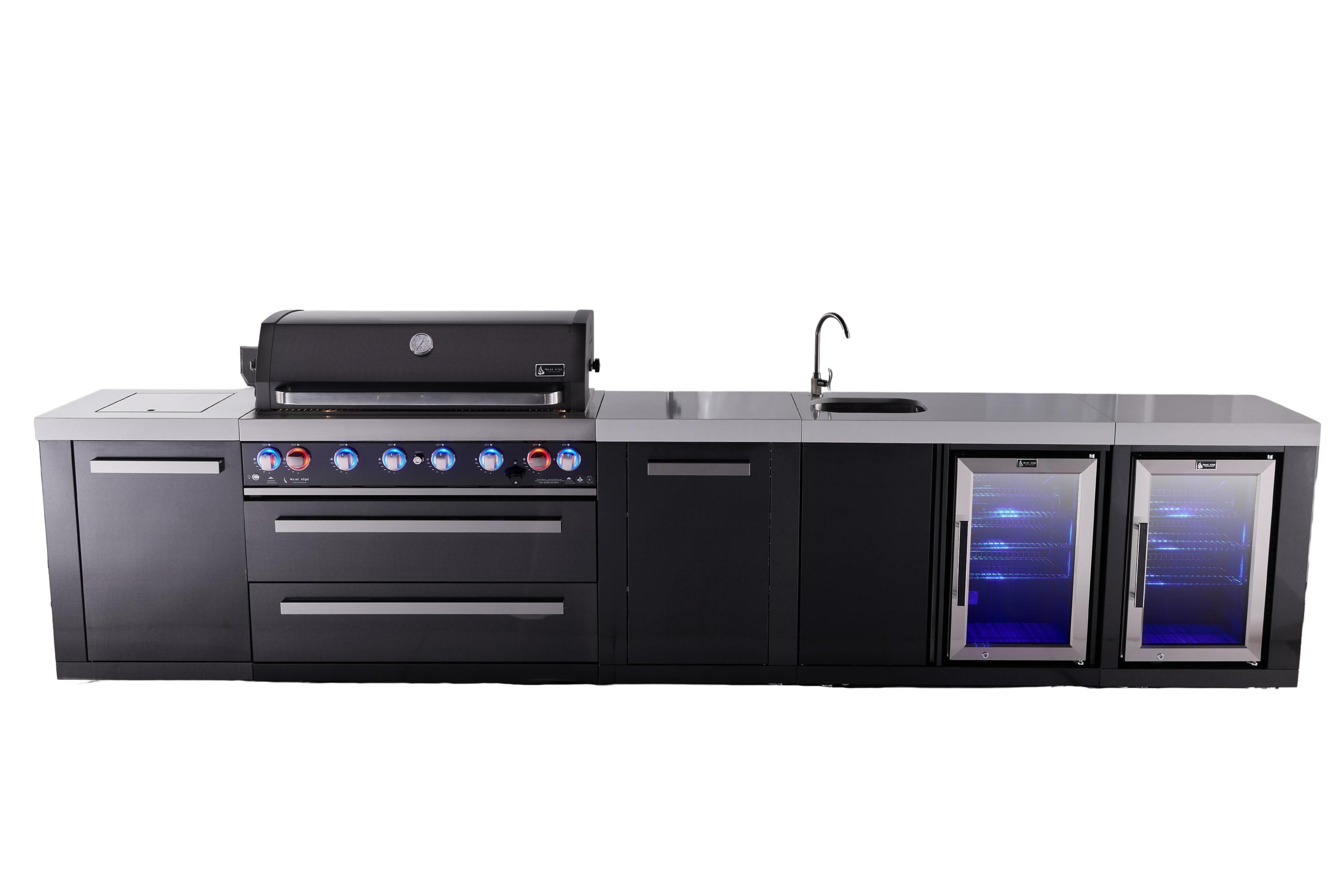 Mont Alpi Islands Mont Alpi 805 Black Stainless Steel Island with Beverage Center, Fridge Cabinet, and Extra Storage Cabinet | 6-Burner Grill, Sink, 2 Fridges | MAi805-BSSBEVFCXL