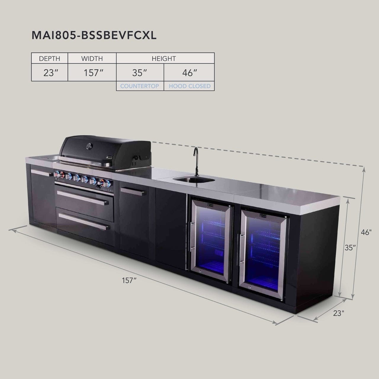 Mont Alpi Islands Mont Alpi 805 Black Stainless Steel Island with Beverage Center, Fridge Cabinet, and Extra Storage Cabinet | 6-Burner Grill, Sink, 2 Fridges | MAi805-BSSBEVFCXL