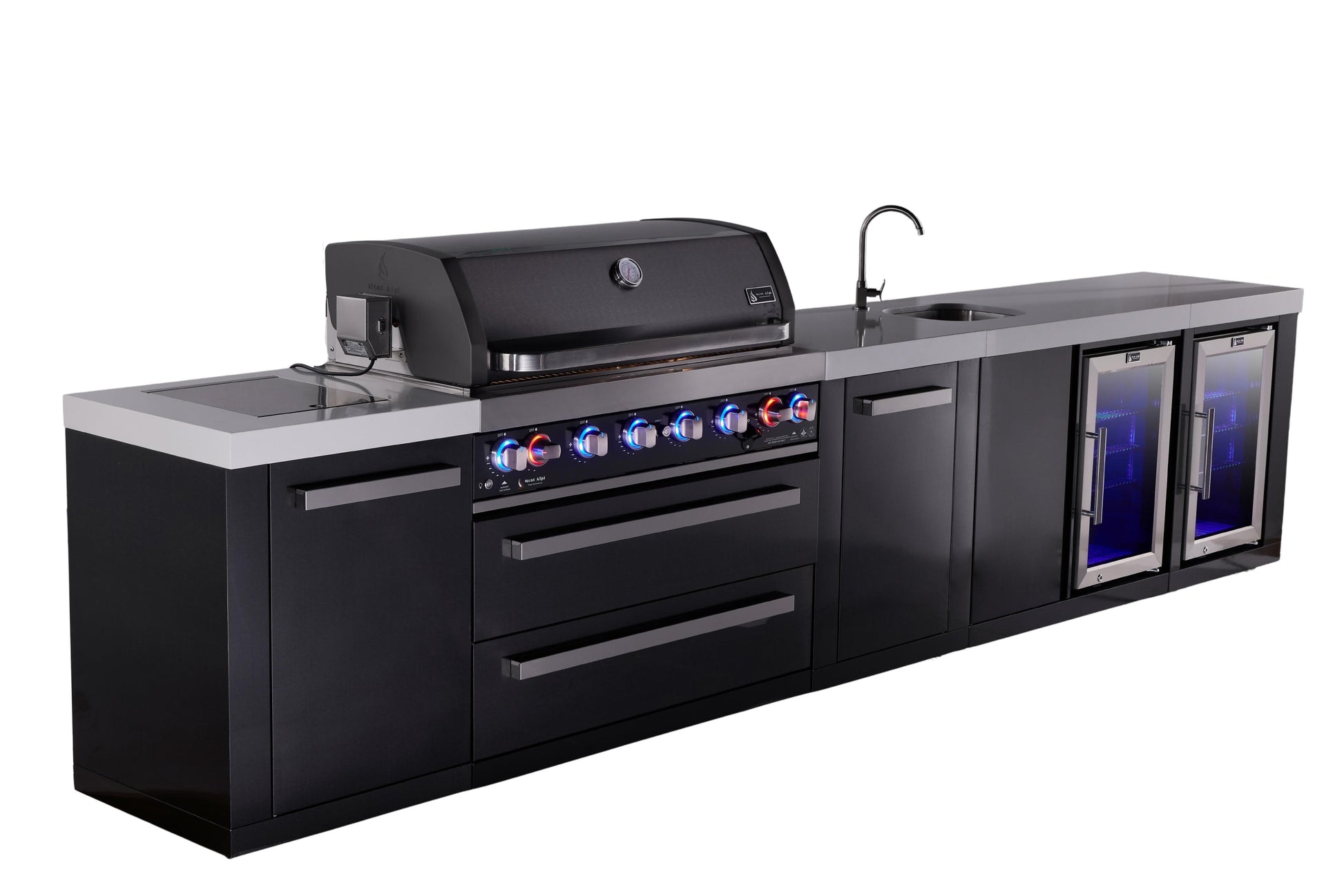 Mont Alpi Islands Mont Alpi 805 Black Stainless Steel Island with Beverage Center, Fridge Cabinet, and Extra Storage Cabinet | 6-Burner Grill, Sink, 2 Fridges | MAi805-BSSBEVFCXL